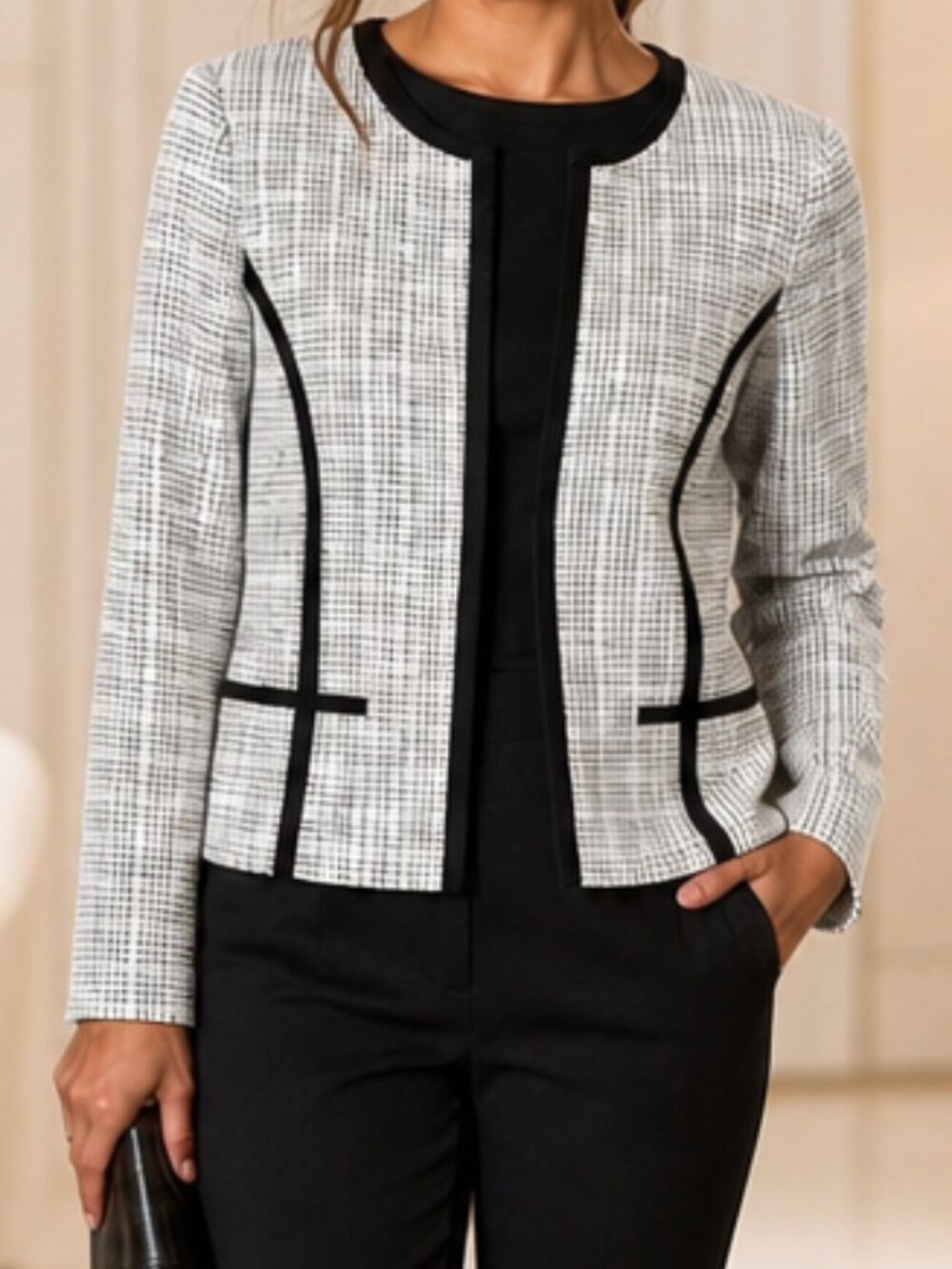 Black Label Evan Picone Black White Checkered Collarless Jacquard Blazer Size 14